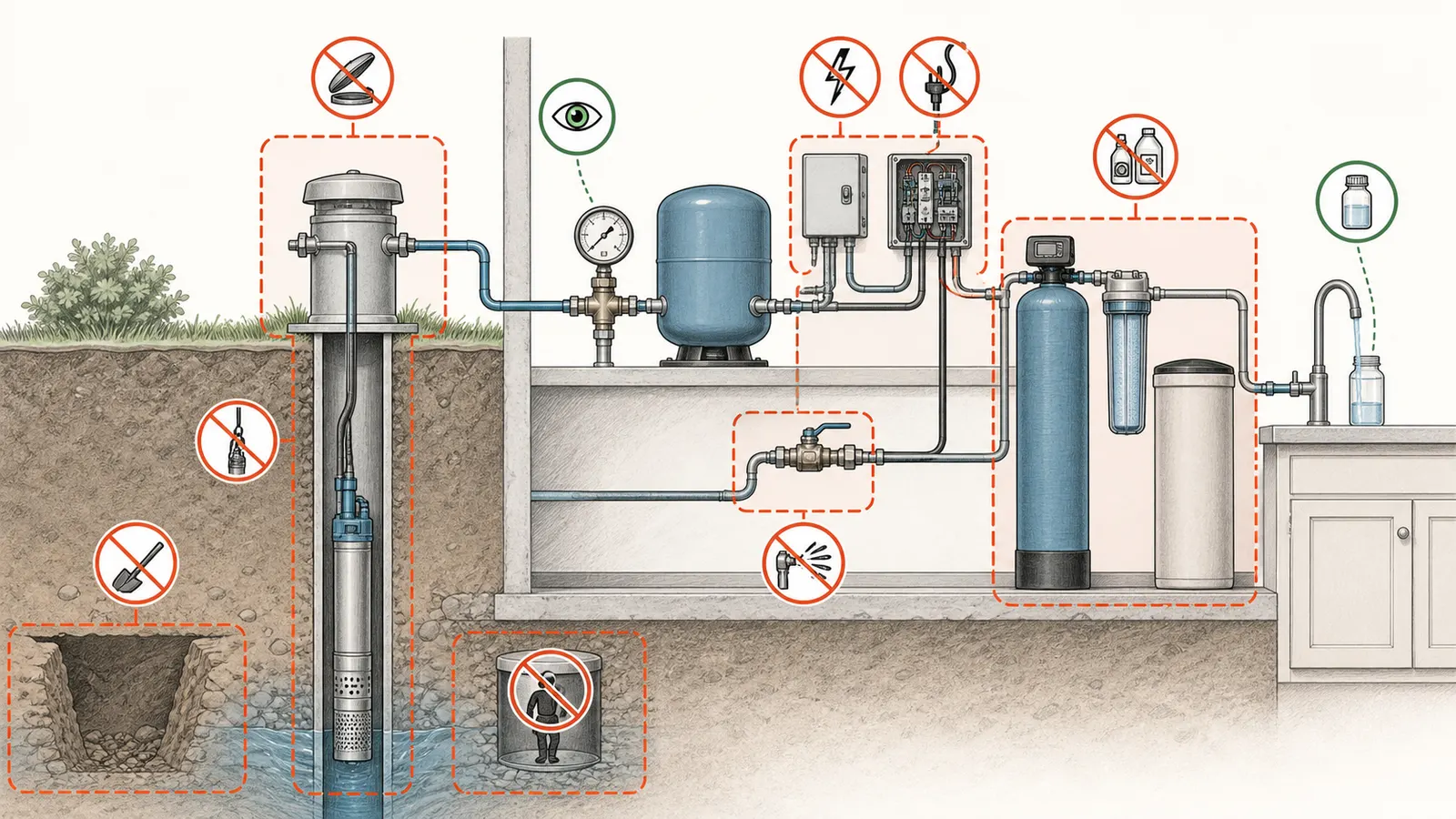 Private-well system with a homeowner-safe observation zone and stop boundaries around energized, pressurized, chemical, and confined-space work