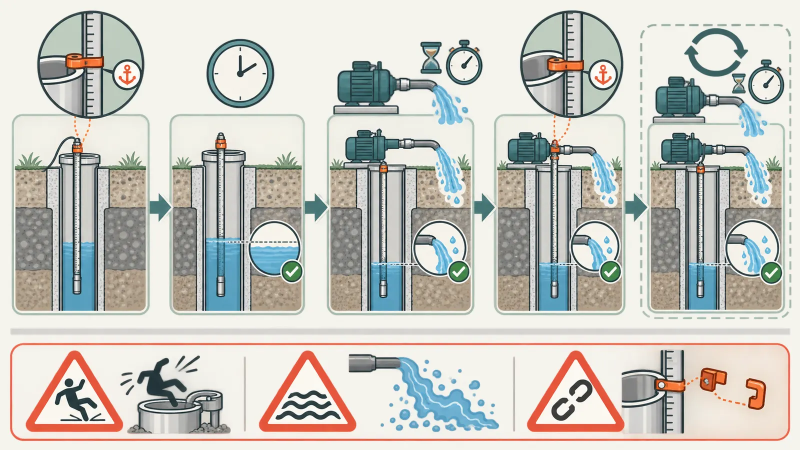 Repeatable well test sequence from rested static level to timed pumping reading