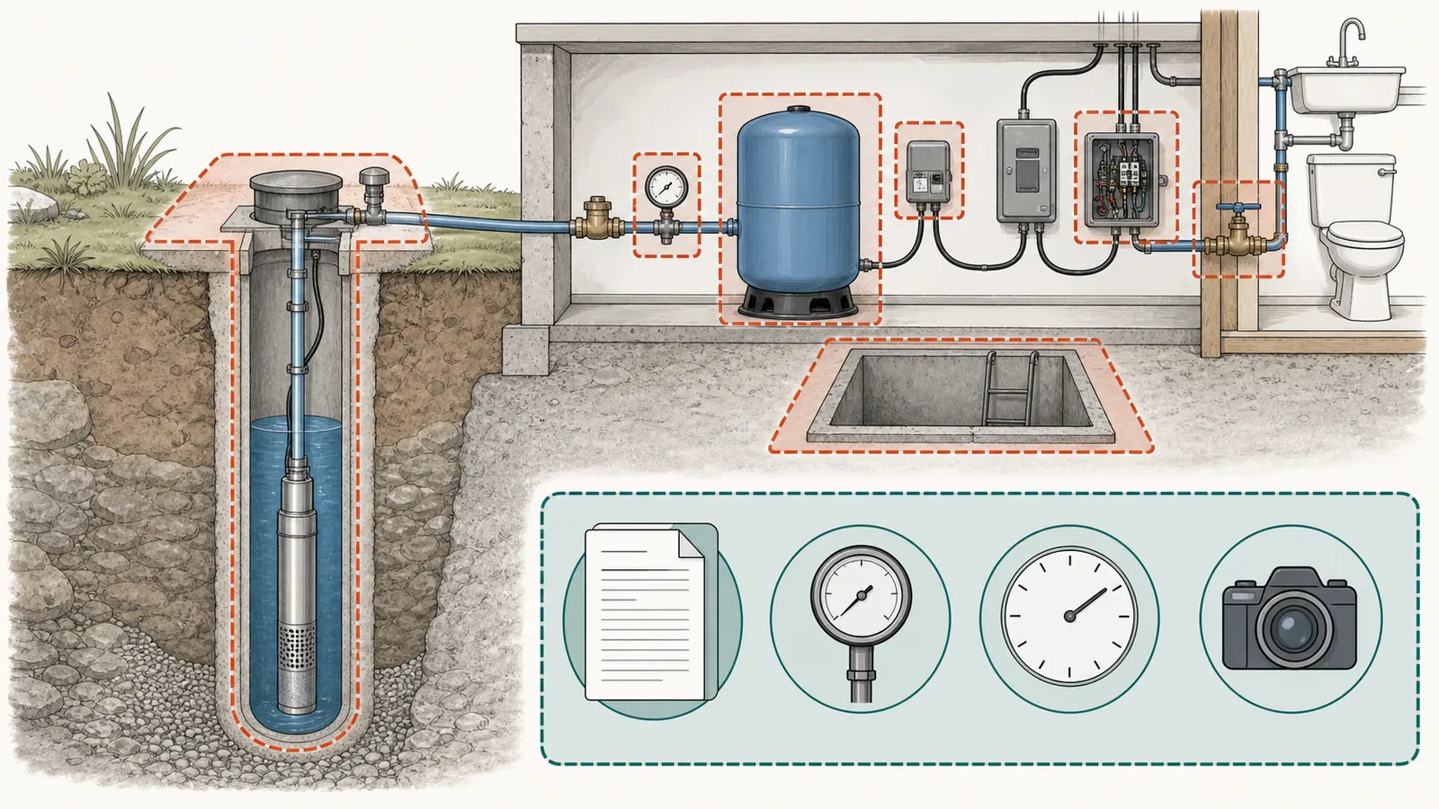 Safety boundary around the well cap, electrical controls, pump, and pressurized piping