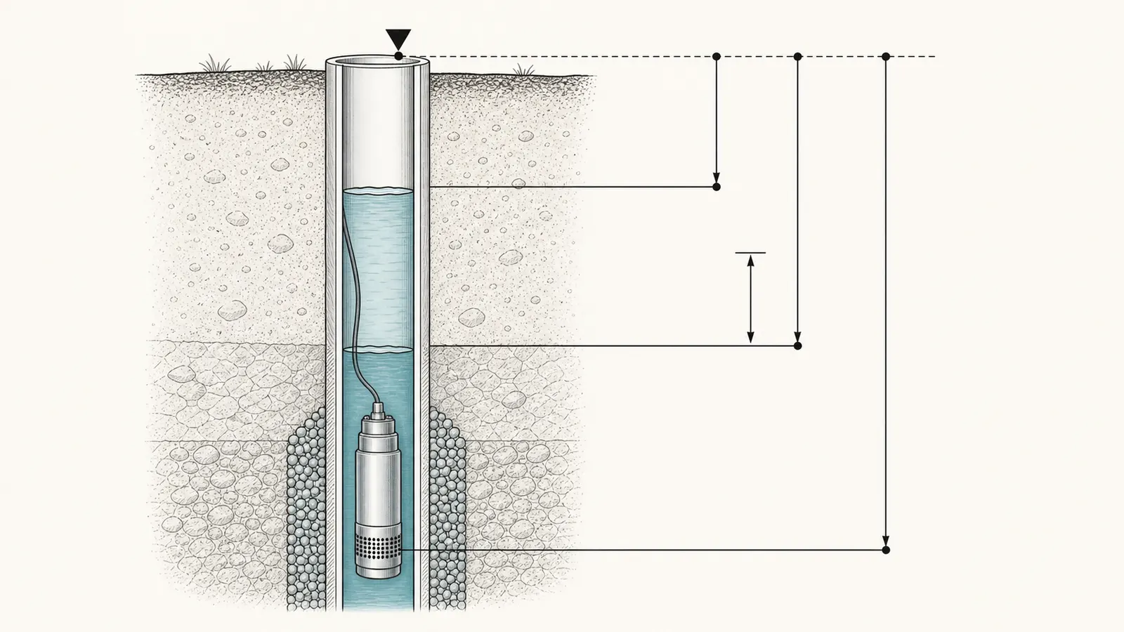Private well cutaway showing the measuring point, static level, pumping level, and drawdown