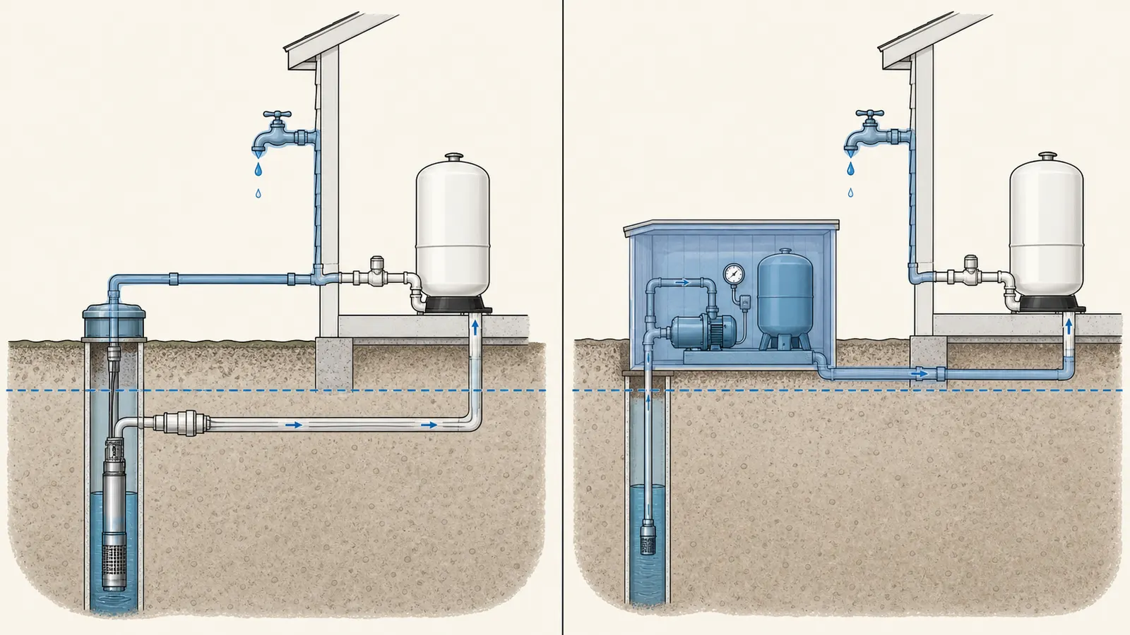 Side-by-side buried pitless-adapter and exposed pump well layouts showing the cold sections