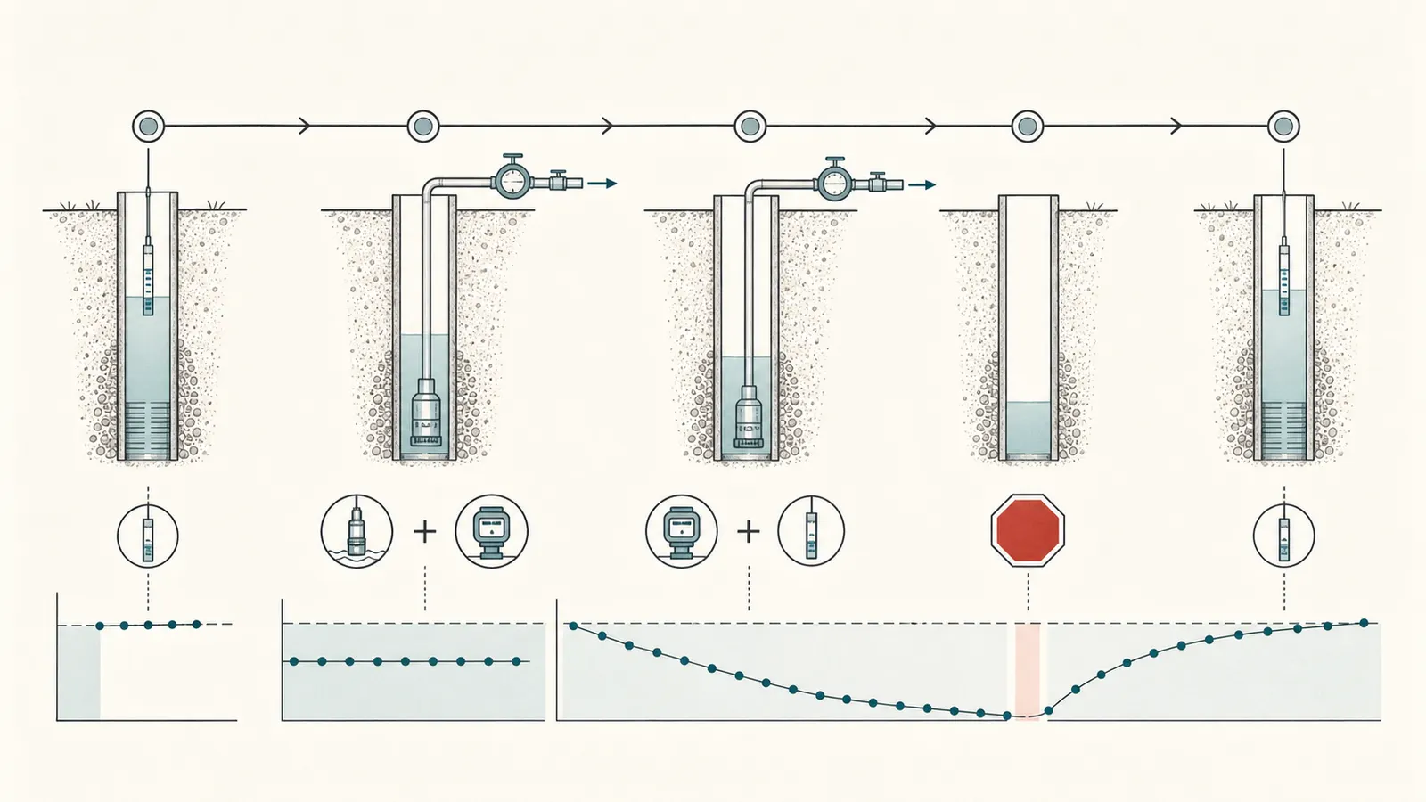 Timeline showing static level, sustained pumping, drawdown observations, shutoff, and recovery