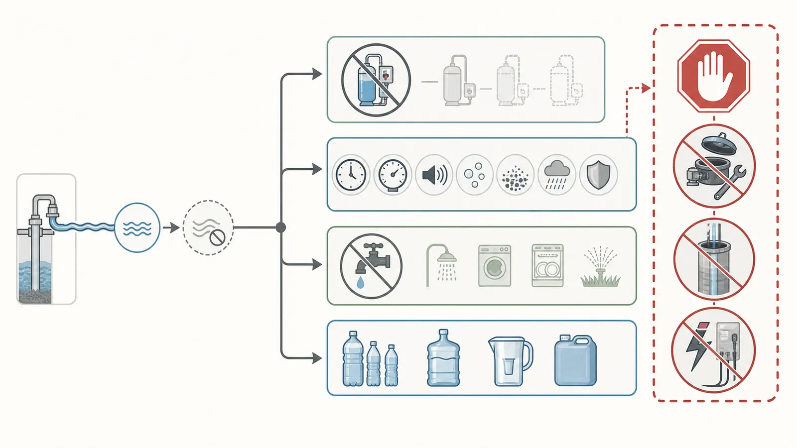 First-response map for stopping pump cycles, recording evidence, conserving water, and arranging a safe alternate supply