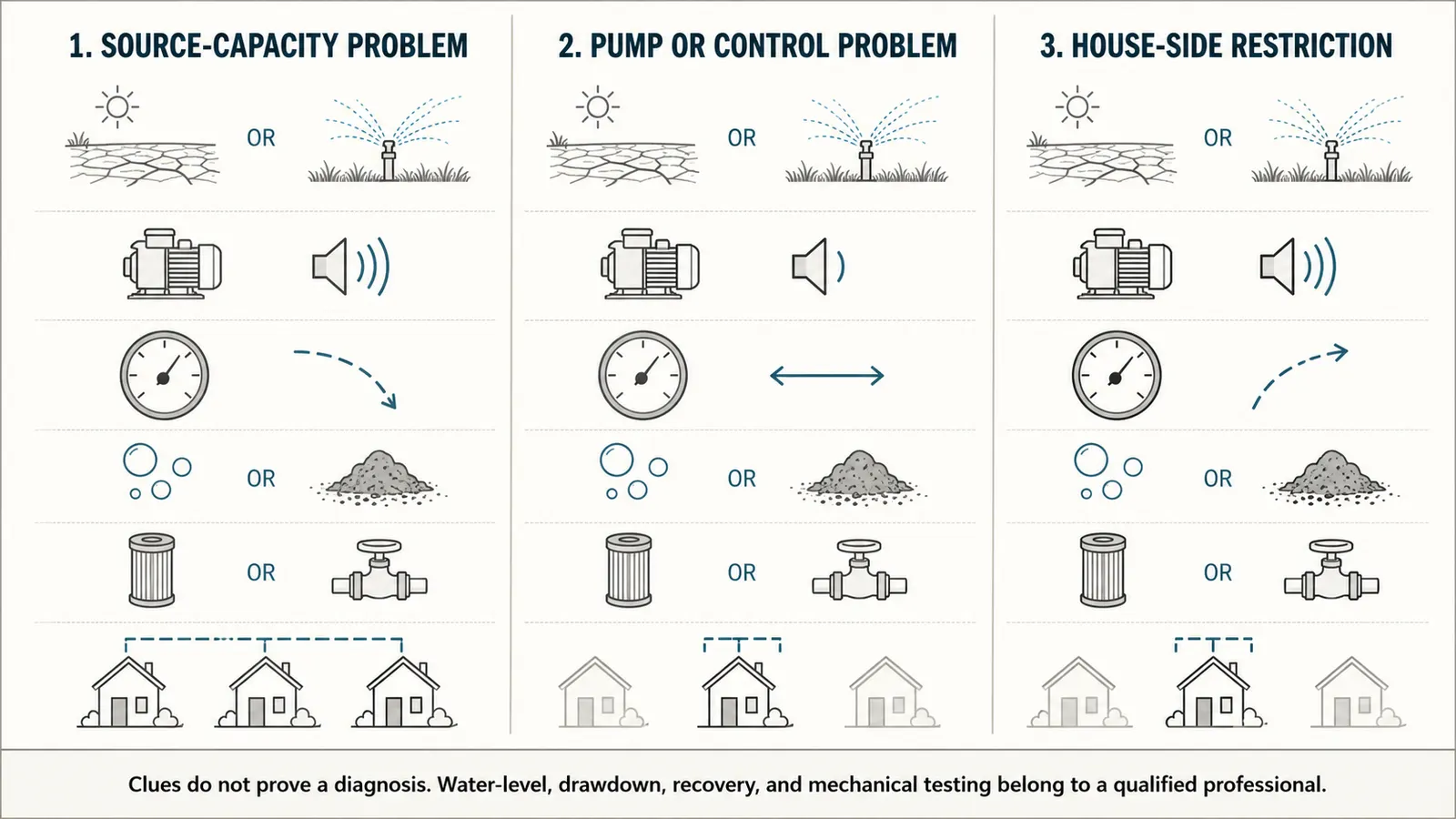 Comparison of low source level, pump or control failure, and downstream plumbing restriction clues
