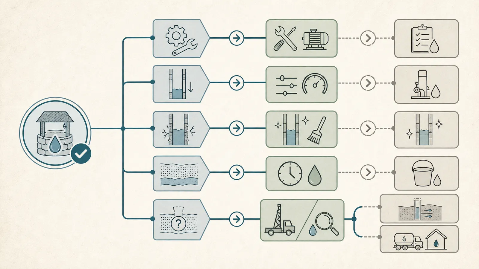 Option map from confirmed diagnosis to waiting, conservation, source rehabilitation, pump adjustment, deepening, replacement, or temporary water