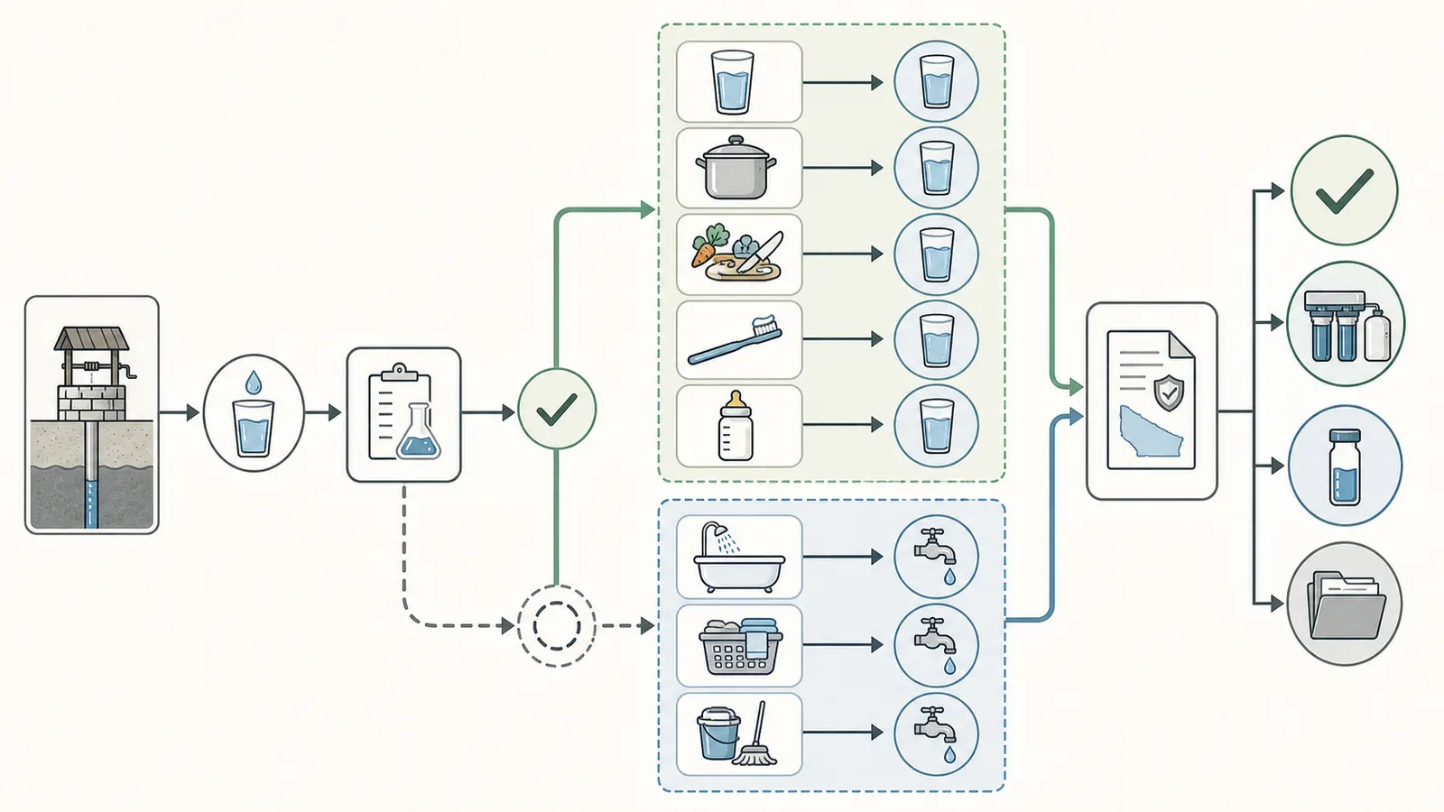Decision map routing PFAS well-water uses to alternate water, treatment, or agency guidance