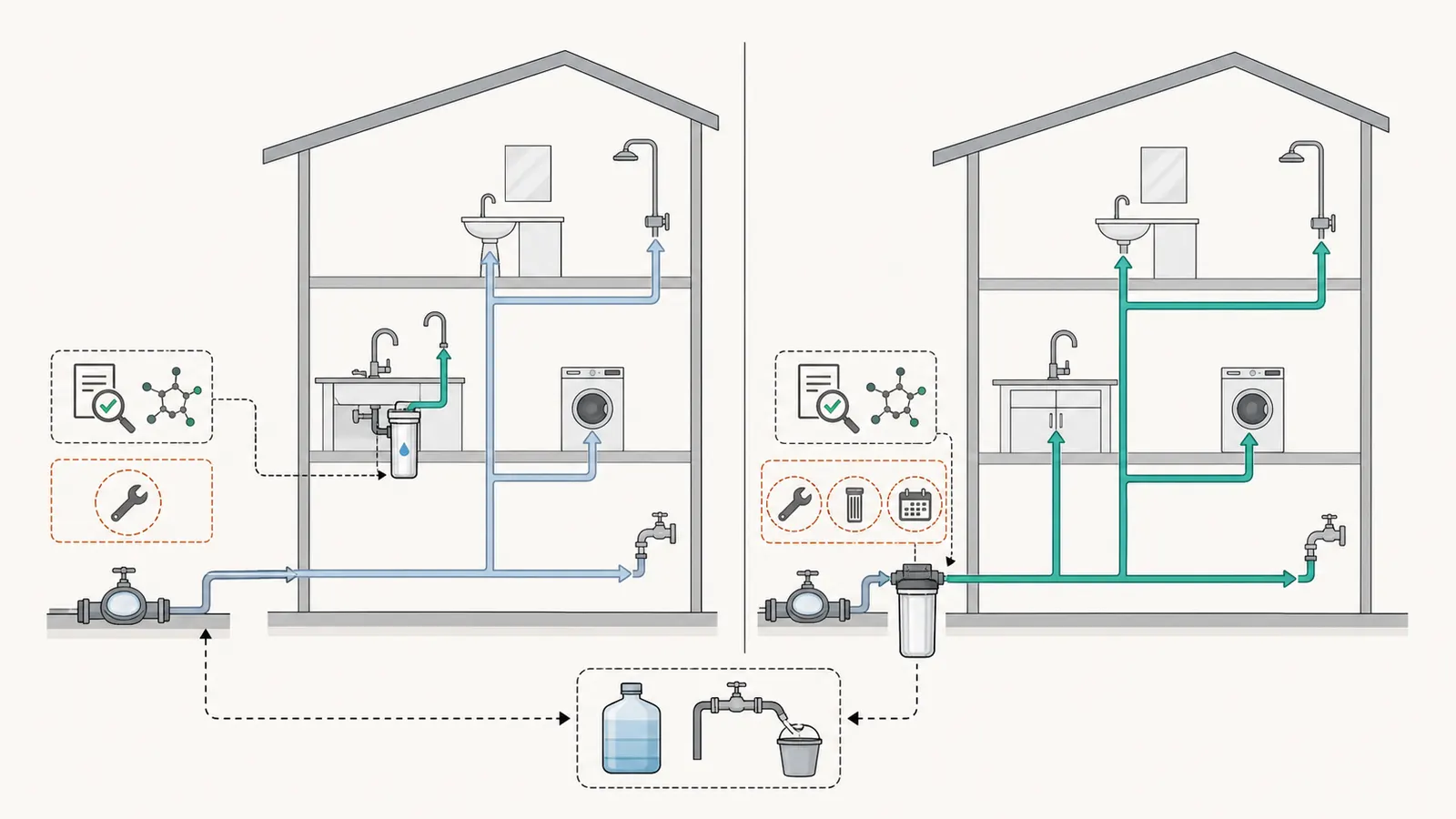 Point-of-use and point-of-entry PFAS treatment paths shown at a private-well home