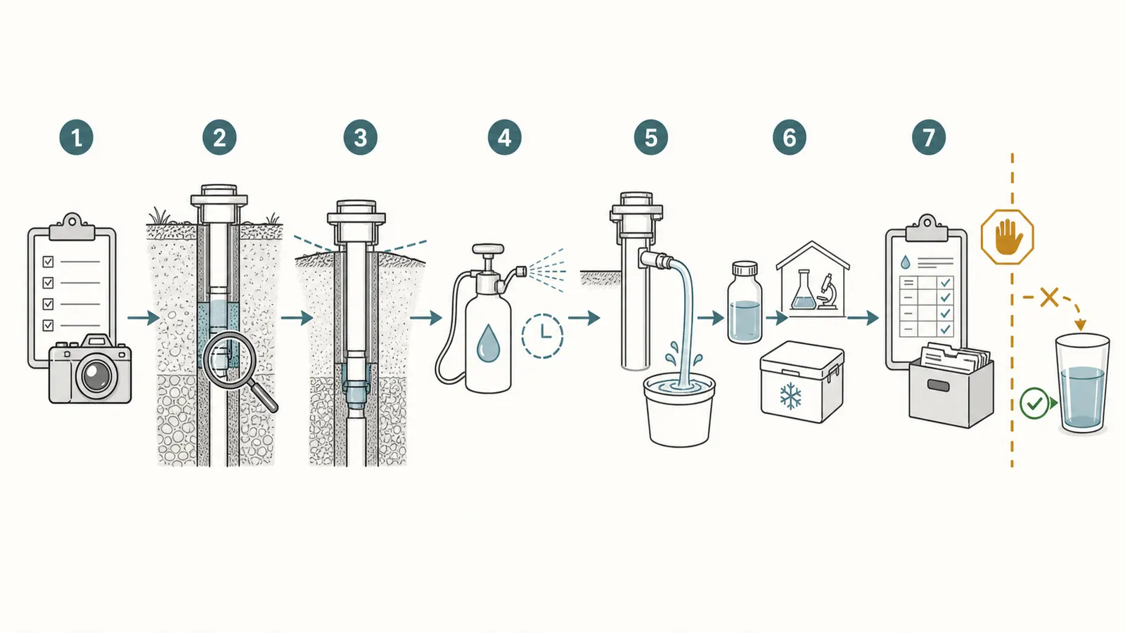 Sequence from professional excavation and seal repair to disinfection, flushing, and certified testing