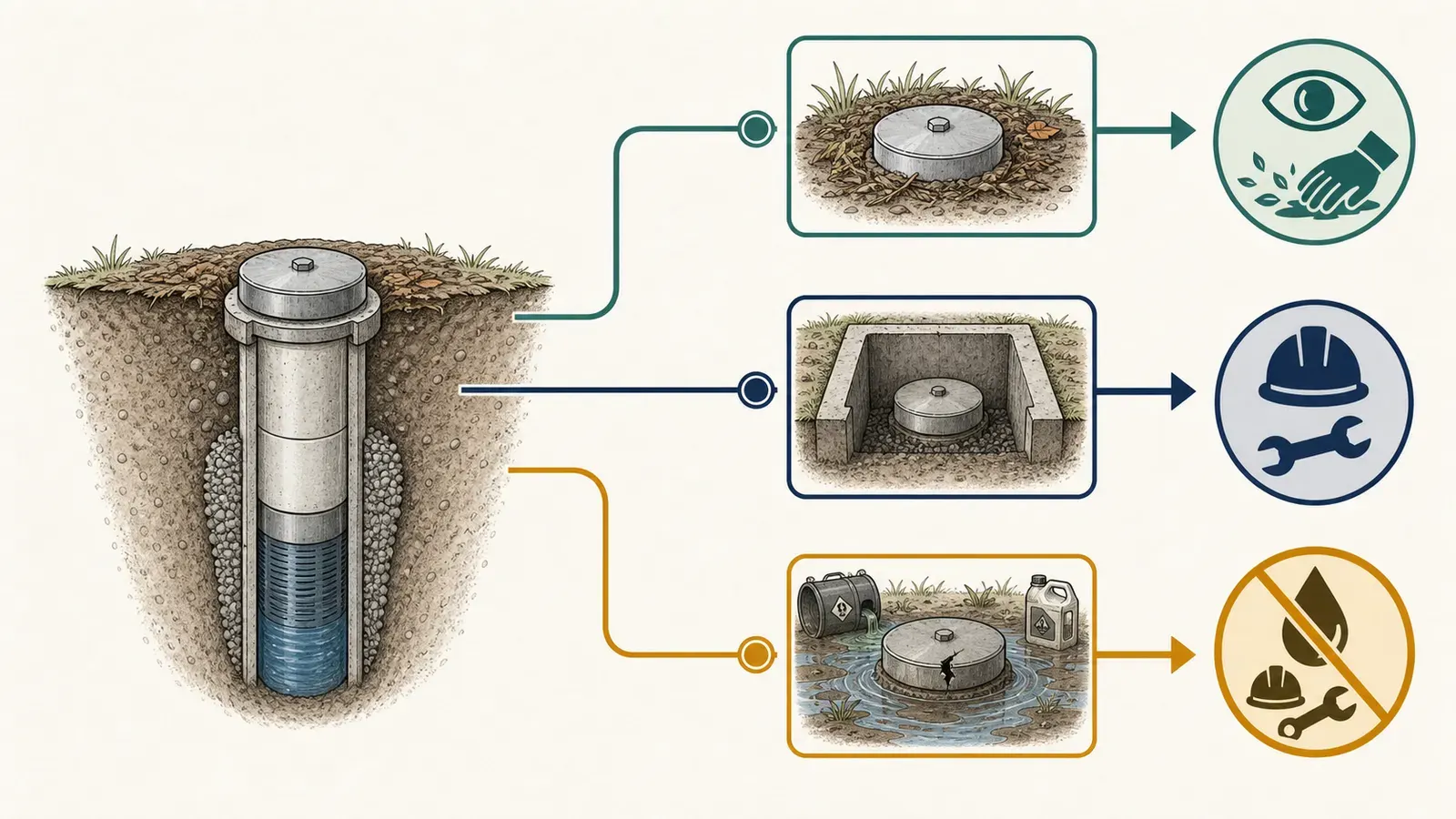 Cutaway showing the well cap, casing, grout, ground surface, and pitless adapter