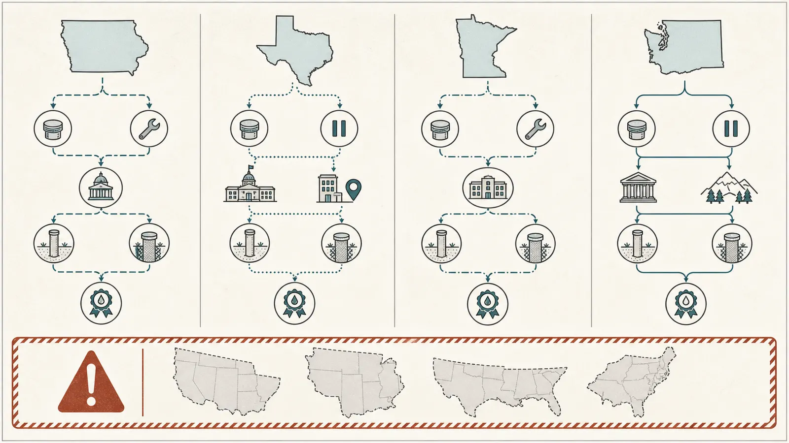 Comparison grid showing how Iowa, Texas, Minnesota, and Washington handle well status