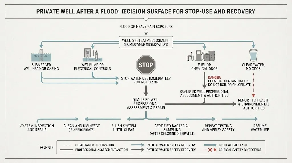 Decision map from floodwater contact and chemical clues to stop-use, inspection, disinfection, testing, and release