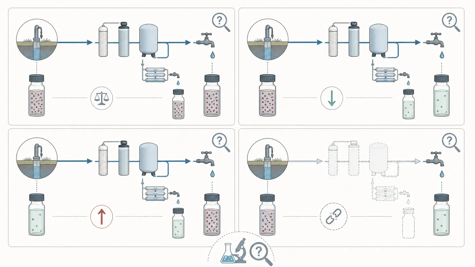 Paired-result matrix separating source contamination, treatment removal, and downstream plumbing effects.