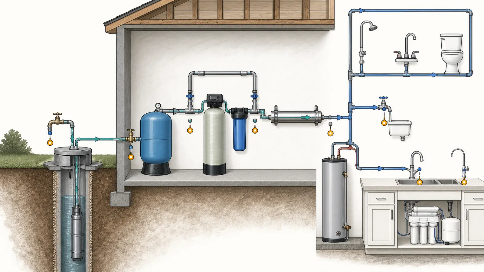 Residential well-water path from wellhead through pressure tank, treatment, fixtures, and RO faucet.