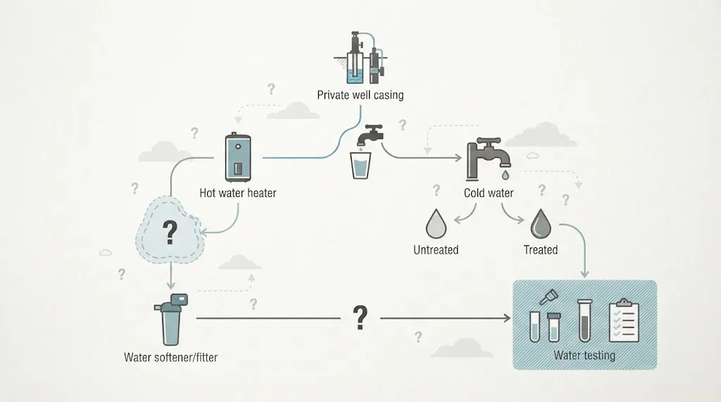 Decision map comparing drain, hot water, softener, plumbing, well, and groundwater odor clues