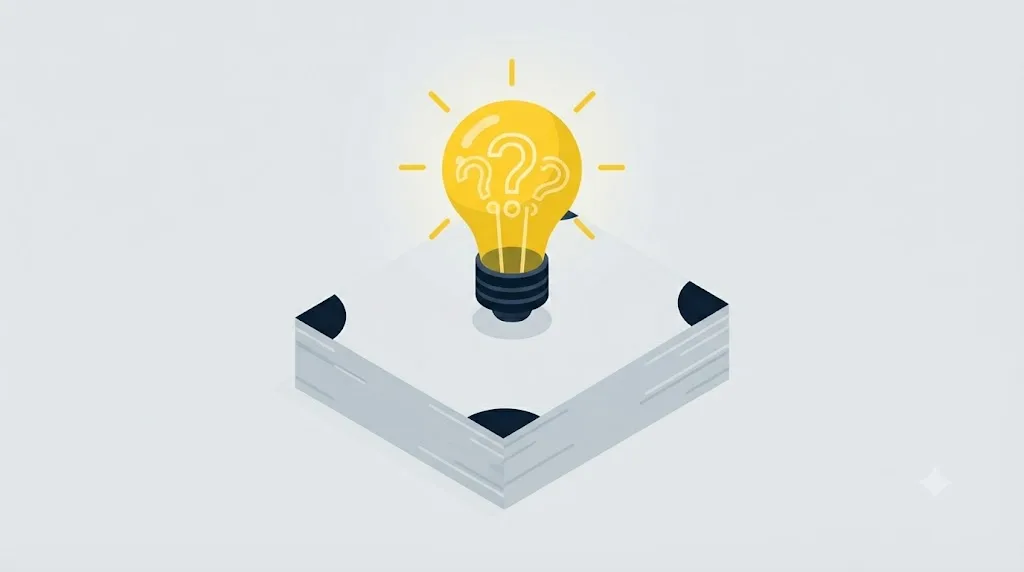 Ilustrație cu un contract și un bec aprins, simbolizând întrebările de pus unei agenții AI search