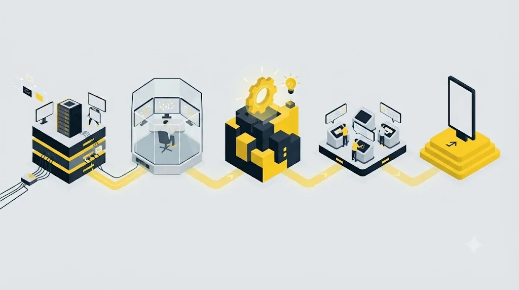Ilustrație cu o schemă de flux care arată pașii unui proces de optimizare pentru AI search