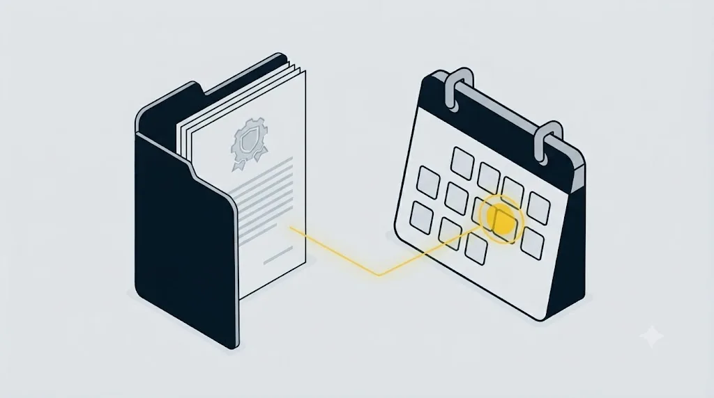 Ilustrație cu un document legal și un calendar care marchează o dată importantă pentru protecția datelor