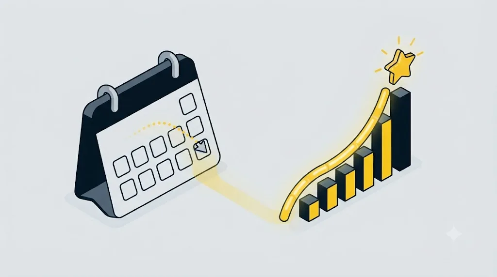 Ilustrație cu un calendar și un grafic de creștere pentru rezultatele de optimizare AI search