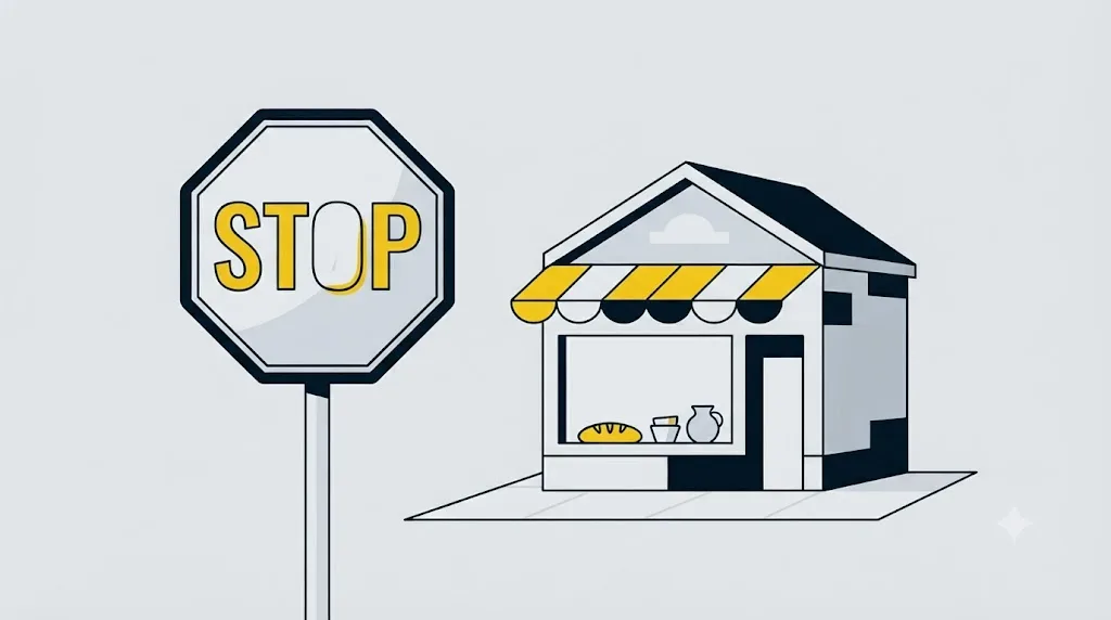 Ilustrație cu un semn de stop lângă un magazin mic local, sugerând că nu orice afacere are nevoie de o agenție de AI search