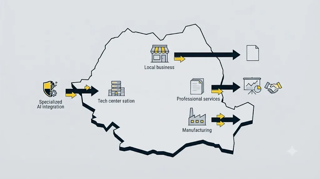 Ilustrație cu pictograme pentru diferite tipuri de afaceri și recomandarea de AI search potrivită fiecăreia