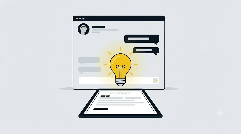 Ilustrație cu un contract și un bec aprins, simbolizând întrebările de pus unei agenții de AI search înainte de semnare