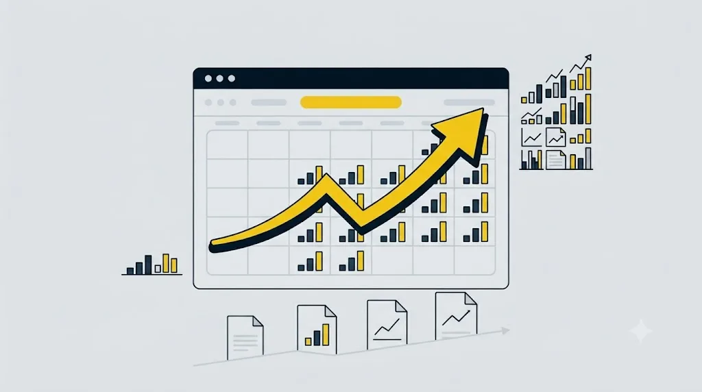 Ilustrație cu un calendar și un grafic de creștere care arată durata tipică a rezultatelor de optimizare pentru AI search