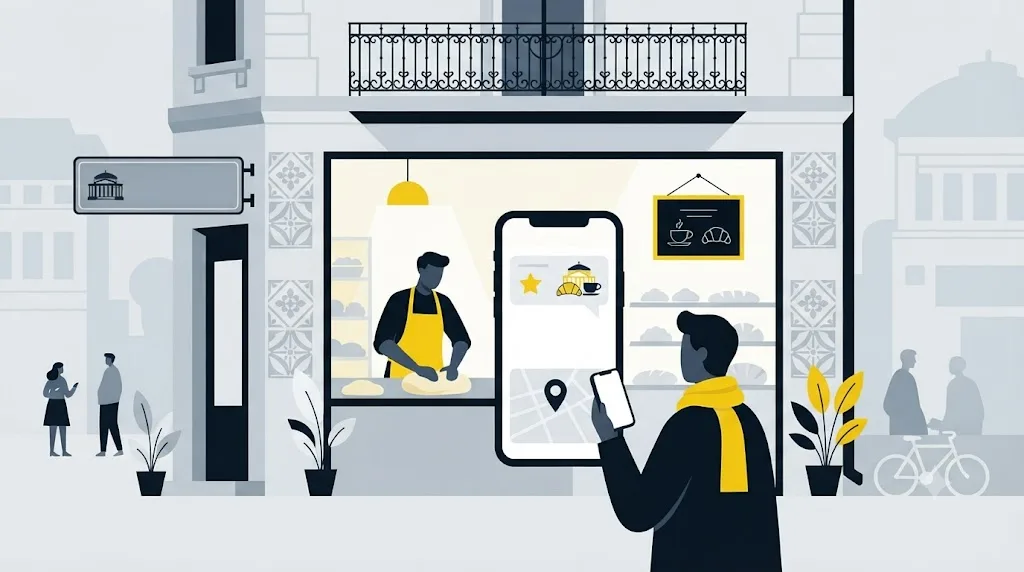 Ilustrație cu o afacere mică din București menționată într-un răspuns AI pe telefon