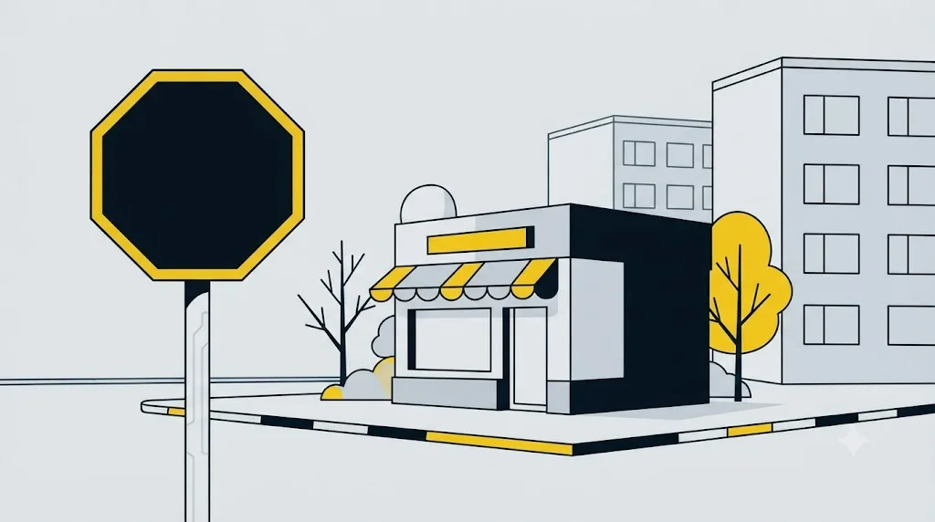 Ilustrație cu un semn de stop lângă un magazin mic dintr-un cartier din Chișinău