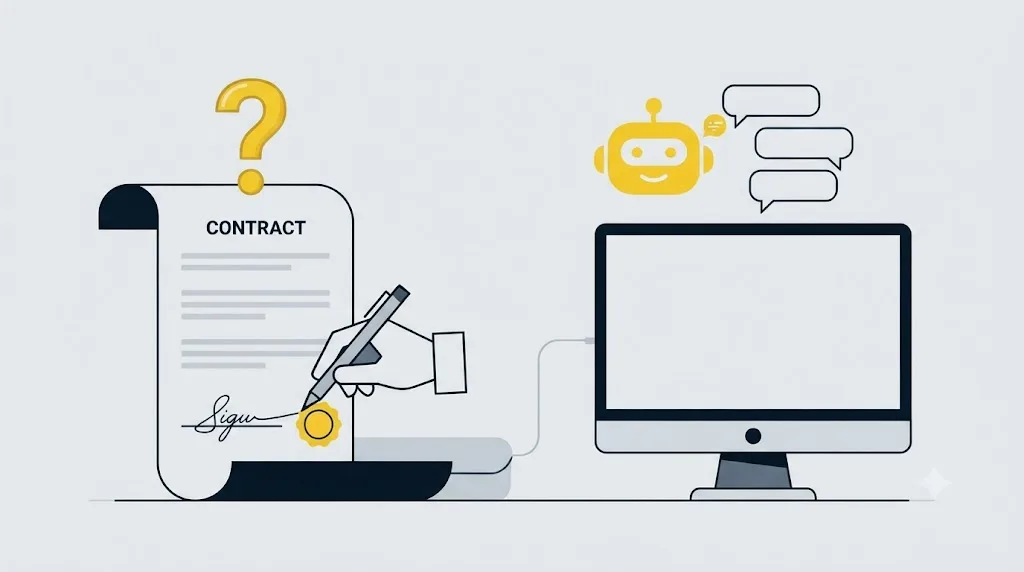 Ilustrație cu un contract și un ecran de chat AI, simbolizând întrebările de pus unei agenții GEO înainte de semnare