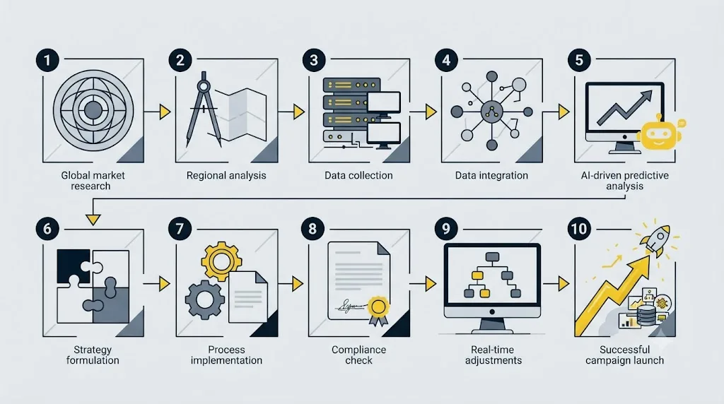 Ilustrație cu o schemă de flux care arată pașii unui proces complet de optimizare GEO