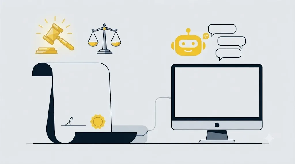 Ilustrație cu un document legal lângă un ecran de chat AI, simbolizând regulile pe care trebuie să le respecte conținutul optimizat pentru AI