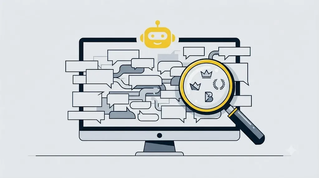 Ilustrație cu un ecran de chat AI analizat cu o lupă, pentru verificarea mențiunilor unui brand în răspunsuri generate