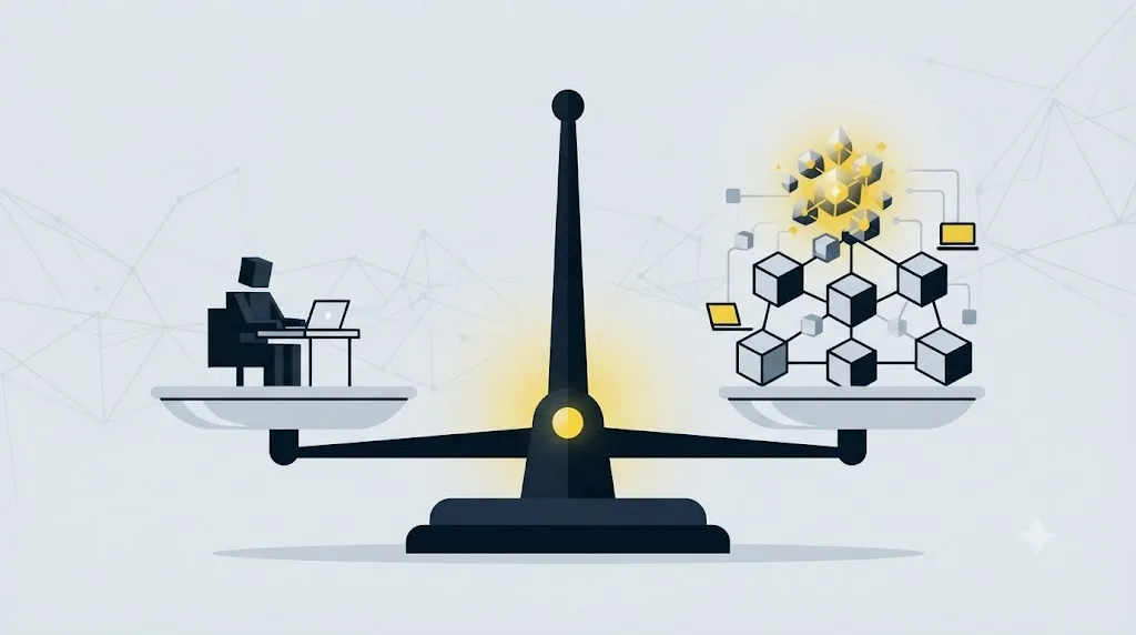 Ilustrație cu o balanță care compară munca individuală, un freelancer și o agenție remote pentru optimizare AI