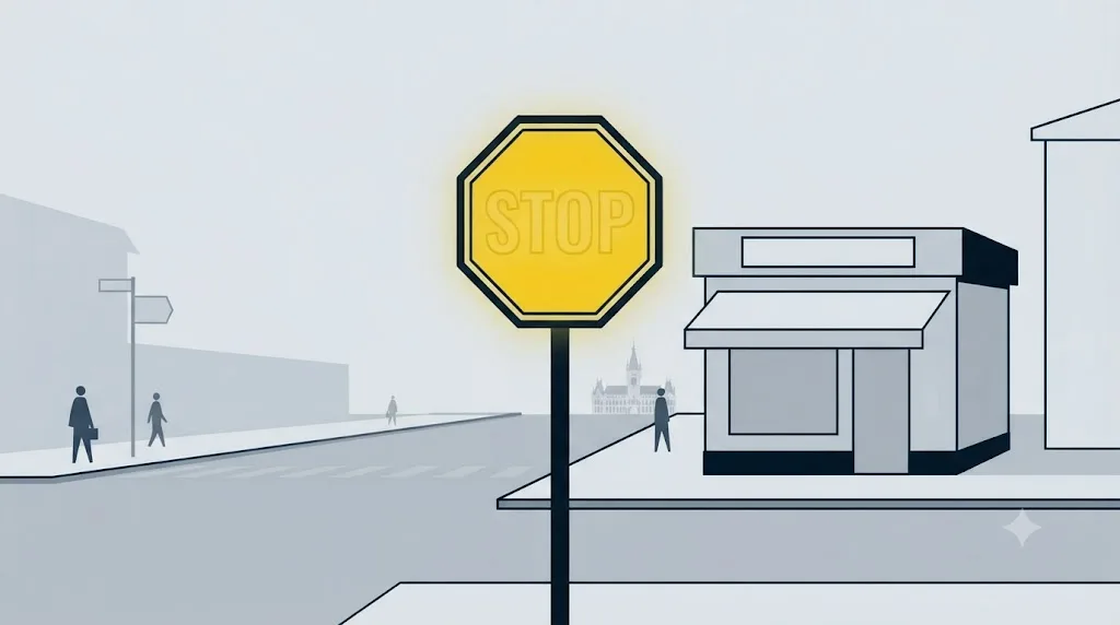 Ilustrație cu un semn de stop lângă un magazin mic dintr-un cartier din Iași, sugerând că optimizarea AI nu e prioritară încă