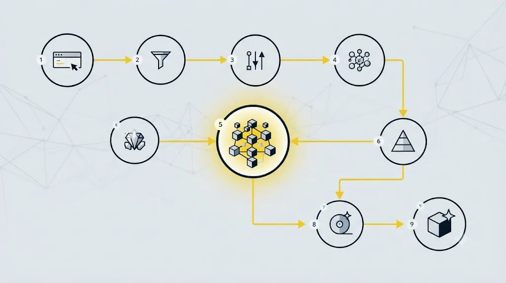 Ilustrație cu o schemă de flux care arată pașii unui proces de optimizare pentru motoare generative AI