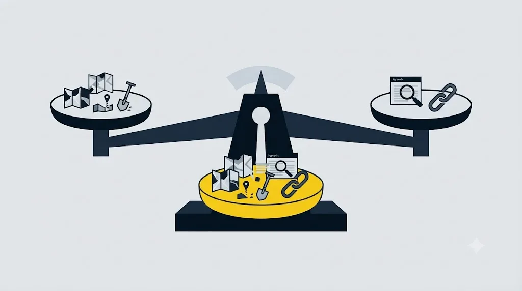 Ilustrație cu o balanță care compară o agenție GEO și o agenție SEO clasică