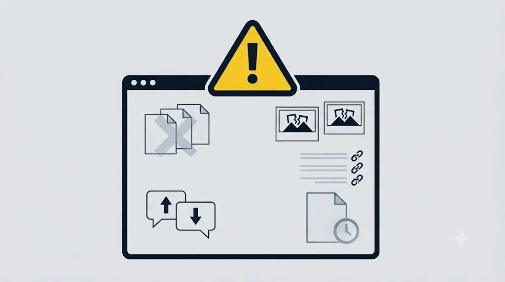 Ilustrație cu un semn de avertizare deasupra unui site web cu erori de conținut marcate