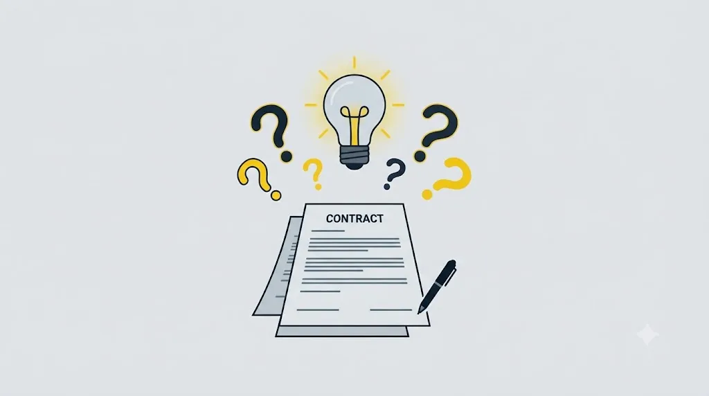 Ilustrație cu un contract și un bec aprins deasupra, simbolizând întrebările de pus înainte de semnare