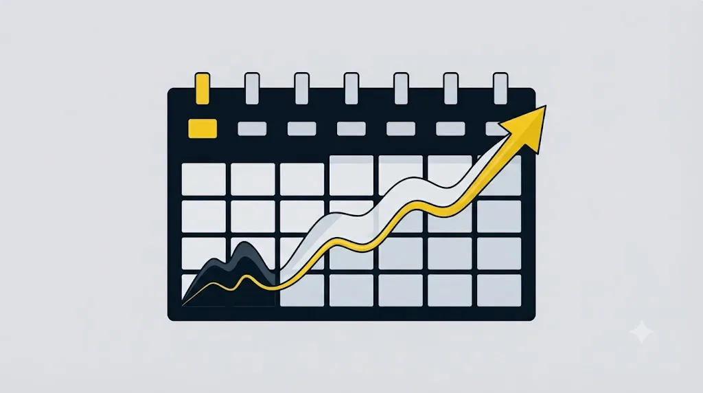 Ilustrație cu un calendar și un grafic de creștere care arată durata tipică a rezultatelor GEO