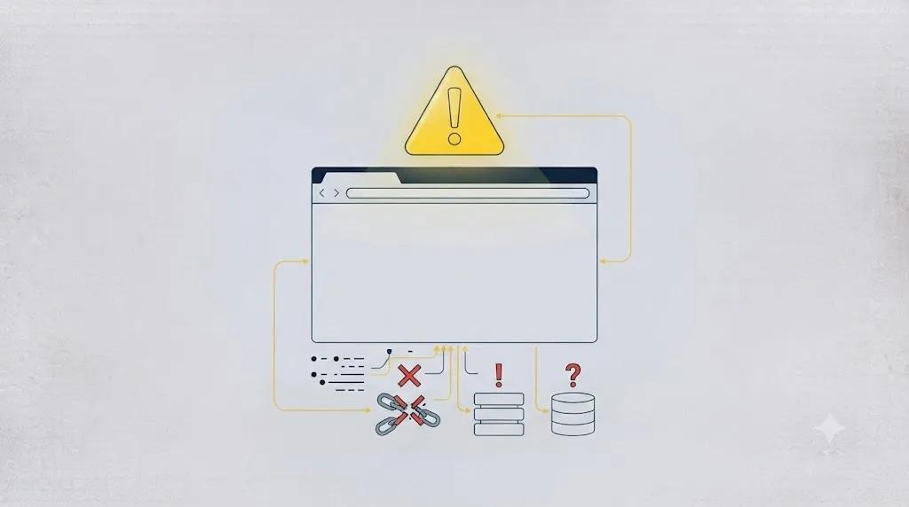 Ilustrație cu un semn de avertizare deasupra unui site web cu erori marcate, pentru o afacere din Cluj-Napoca