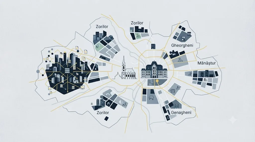 Ilustrație cu harta Cluj-Napoca și pictograme pentru cartierele principale și hub-ul local de IT