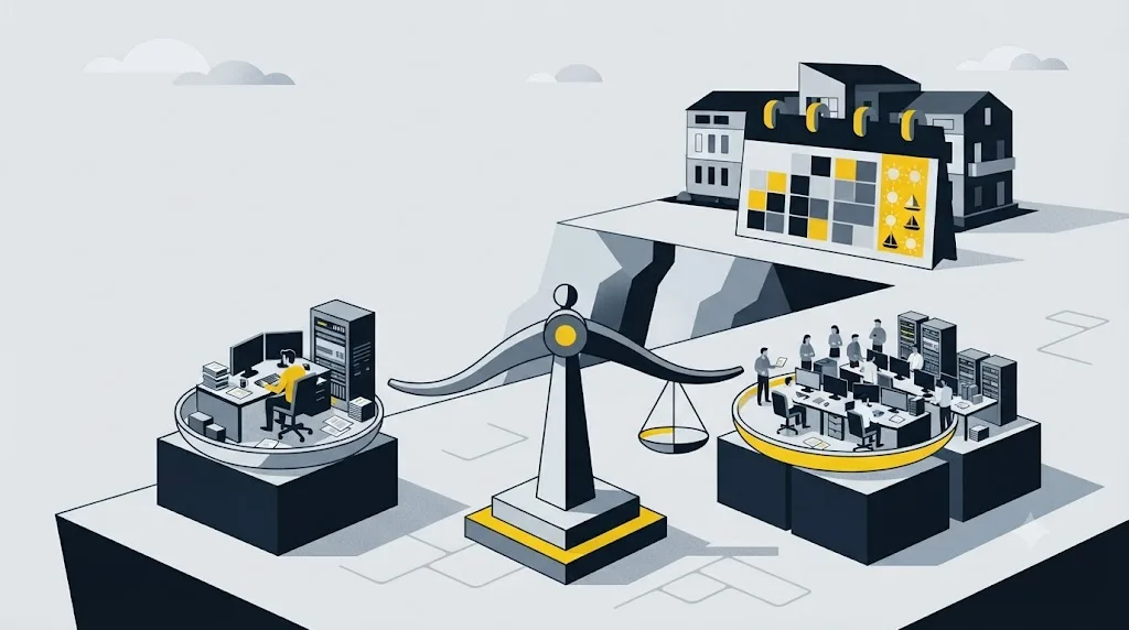 Ilustrație cu o balanță care compară un freelancer SEO și o echipă de agenție pentru o afacere din Constanța