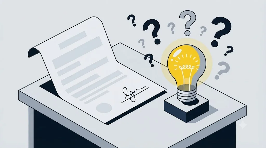 Ilustrație cu un contract și un bec aprins deasupra, simbolizând întrebările de pus unei agenții SEO din Constanța