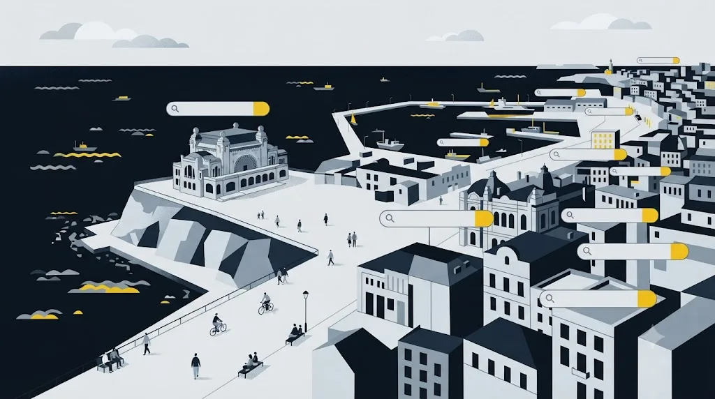Ilustrație cu faleza Constanței și pictograme de căutare Google deasupra orașului