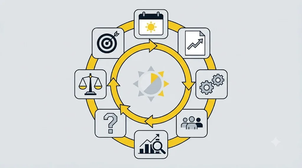 Ilustrație cu o schemă de flux care arată pașii unui proces SEO complet pentru o afacere din Constanța
