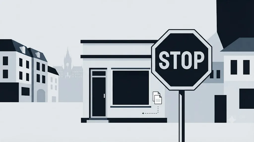 Ilustrație cu un semn de stop lângă un magazin mic dintr-un cartier din Iași