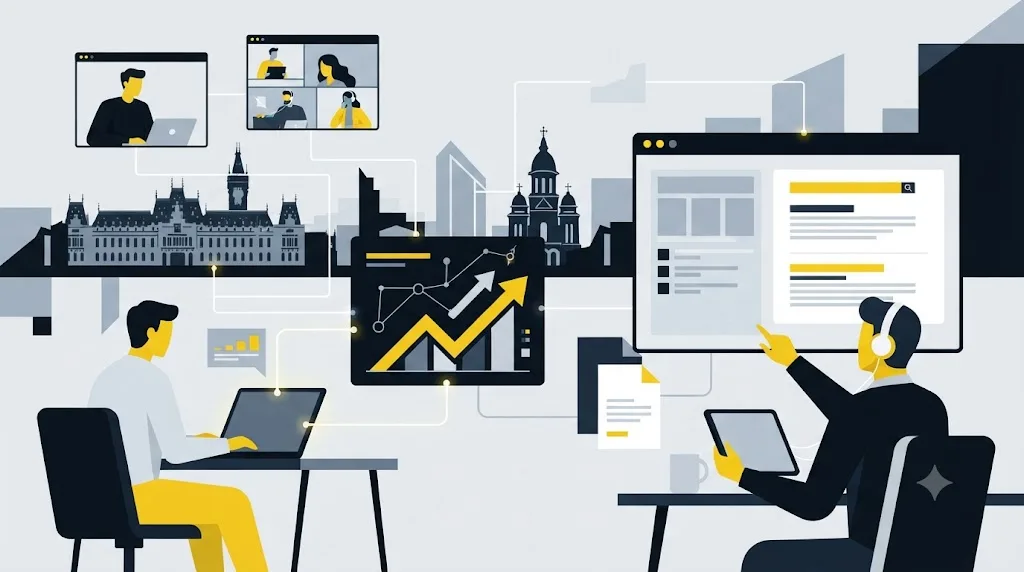 Ilustrație cu o echipă care lucrează de la distanță la optimizarea unui site pentru o afacere din Iași