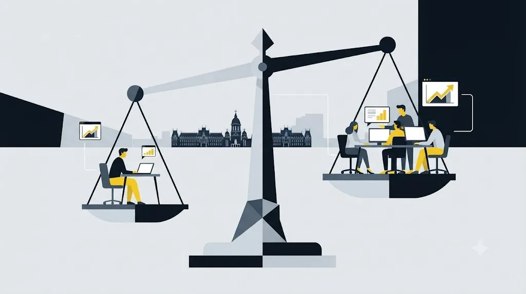Ilustrație cu o balanță care compară un freelancer SEO și o echipă de agenție pentru o afacere din Iași