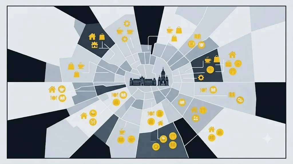 Ilustrație cu pictograme pentru diferite tipuri de afaceri locale din Iași