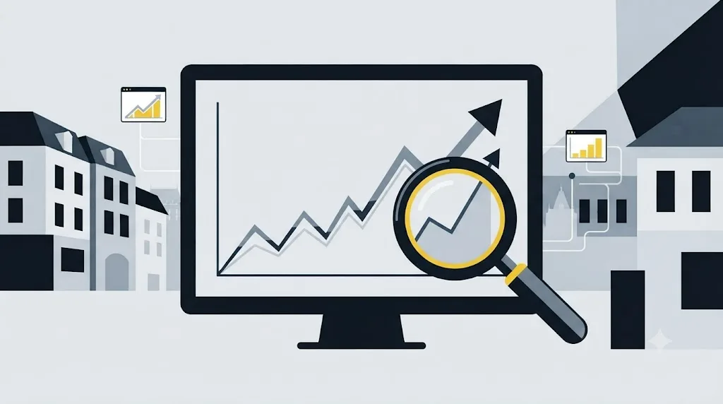 Ilustrație cu un grafic de trafic SEO analizat cu o lupă pentru verificarea rezultatelor unei agenții din Iași